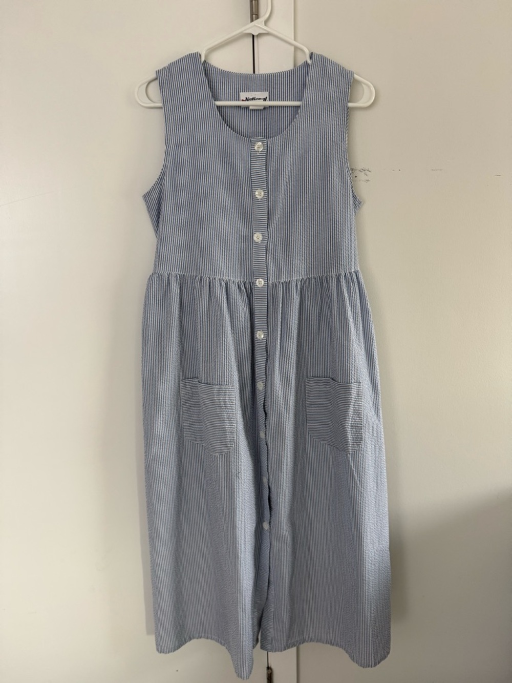 Button Down Sleeveless Seersucker Midi Dress in Light Blue Stripe